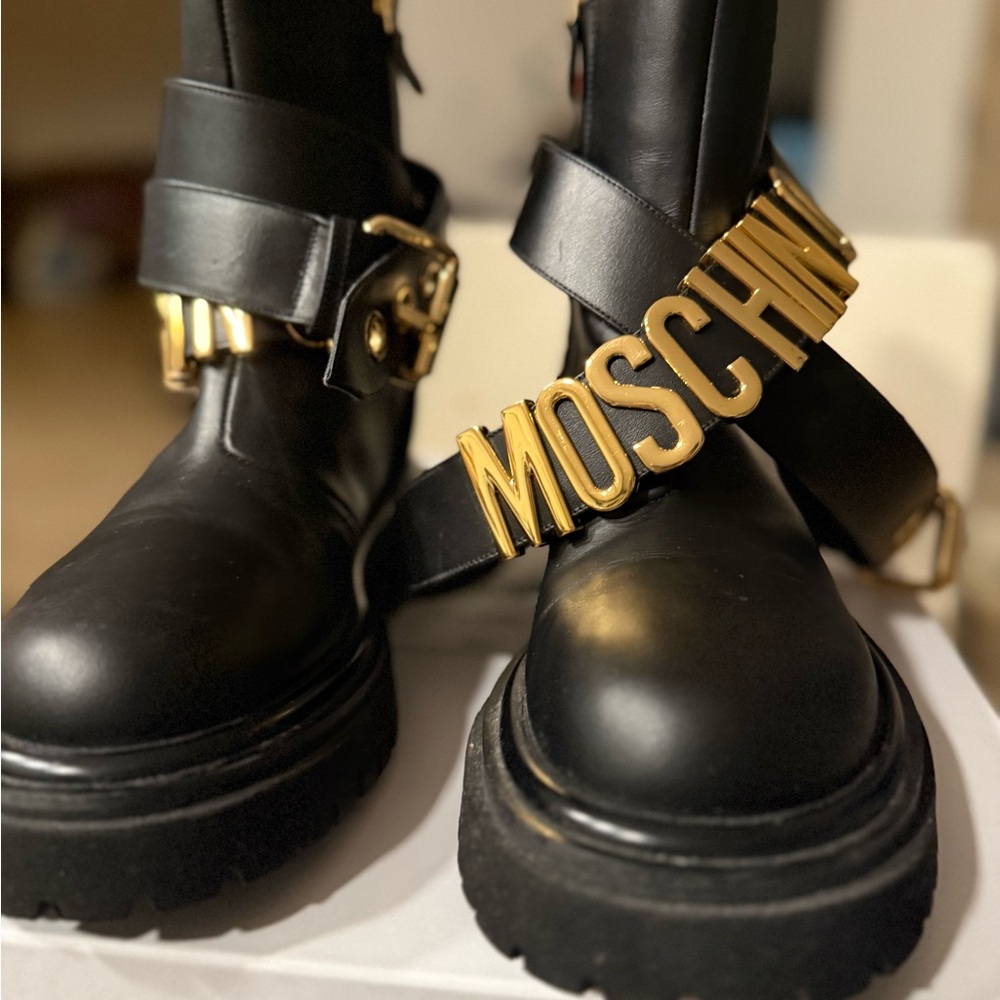 Moschino Black Moto Boots with Gold Accents - Picture 7 of 8